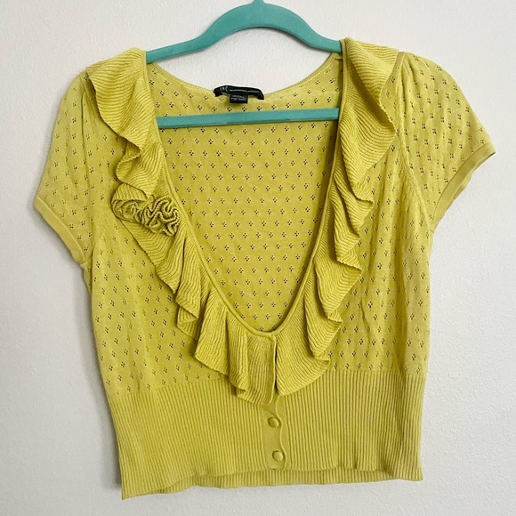 INC International Concepts Chartreuse Ruffled Cropped Silk Blend Cardigan - Picture 1 of 6